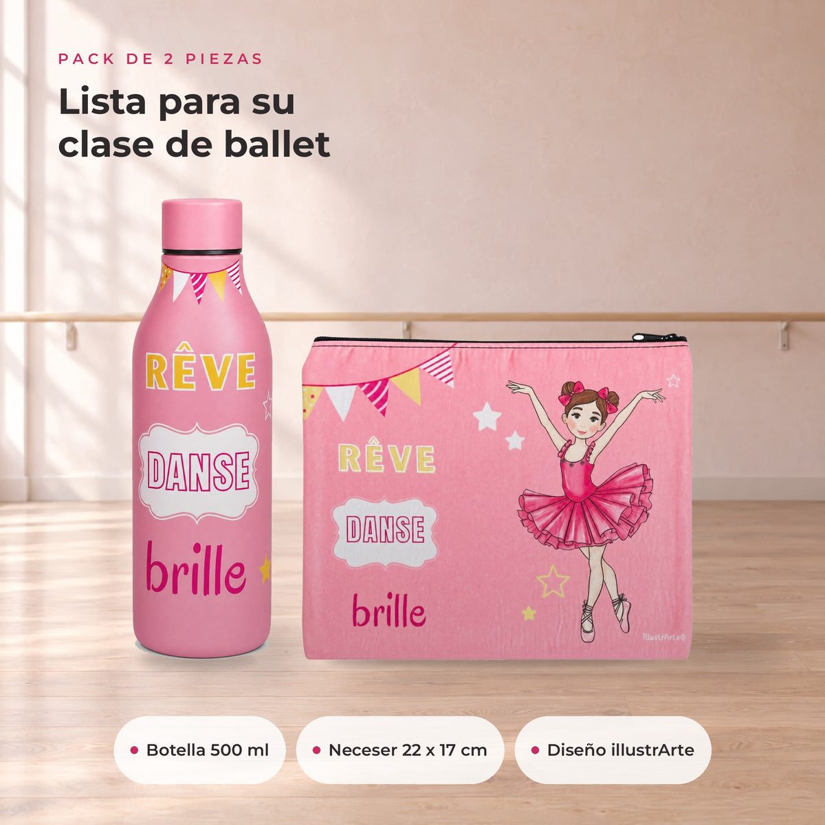 Pack Botella Térmica Bailarina + Neceser Granada – diseño Marina (Rêve, Danse, Brille) – qué incluye