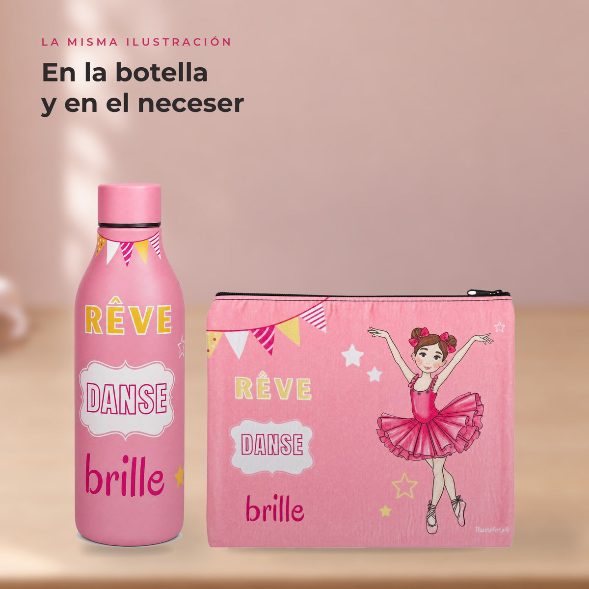 Pack Botella Térmica Bailarina + Neceser Granada – diseño Marina (Rêve, Danse, Brille) – detalle
