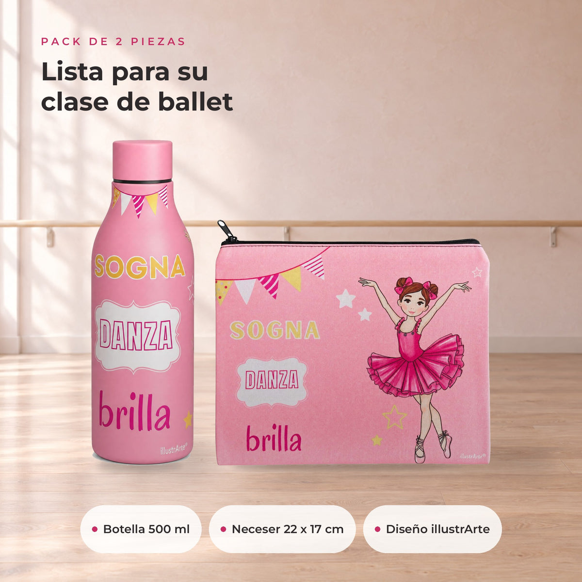 Pack Botella Térmica Bailarina + Neceser Granada – diseño Marina (Sogna, Danza, Brilla) – qué incluye