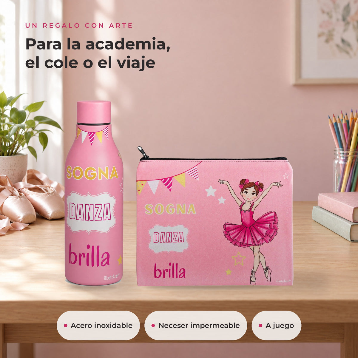Pack Botella Térmica Bailarina + Neceser Granada – diseño Marina (Sogna, Danza, Brilla) – ambiente