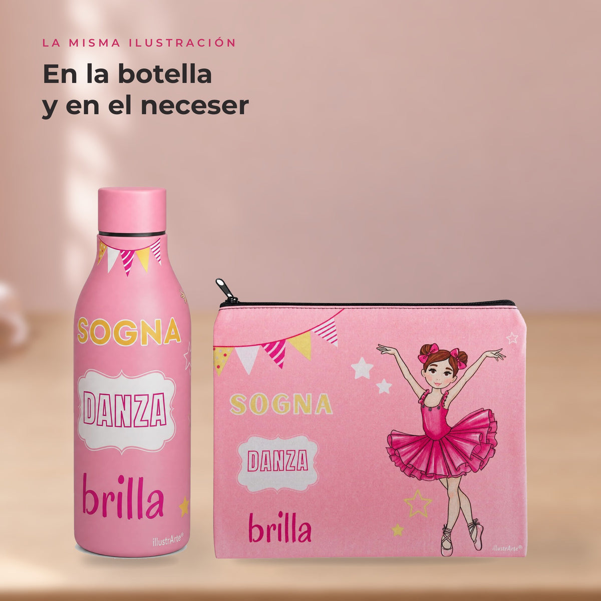 Pack Botella Térmica Bailarina + Neceser Granada – diseño Marina (Sogna, Danza, Brilla) – detalle