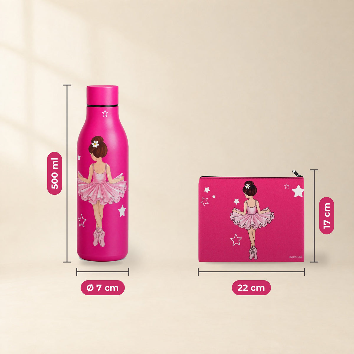 Pack Botella Térmica Bailarina + Neceser Granada – diseño Tina – medidas