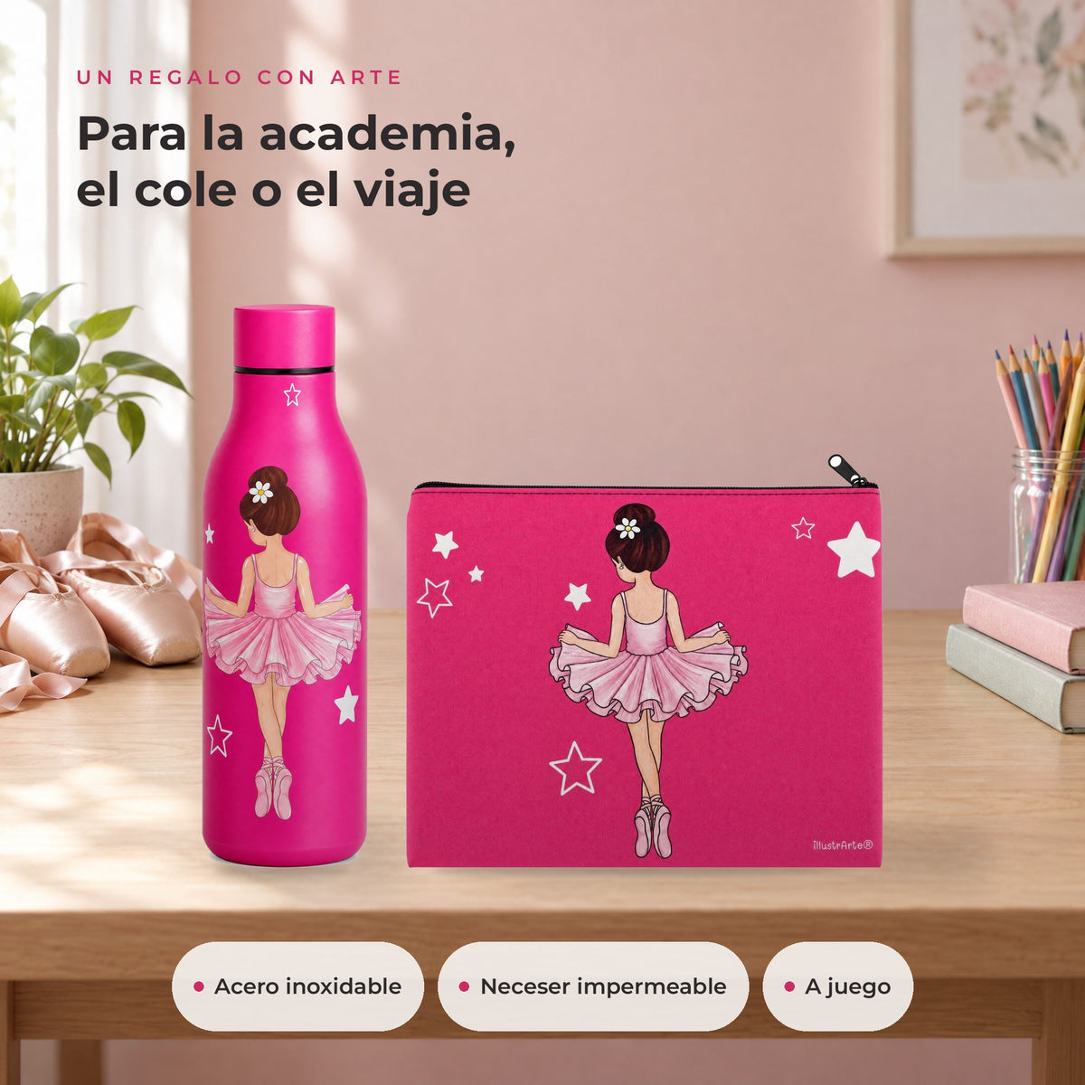 Pack Botella Térmica Bailarina + Neceser Granada – diseño Tina – ambiente