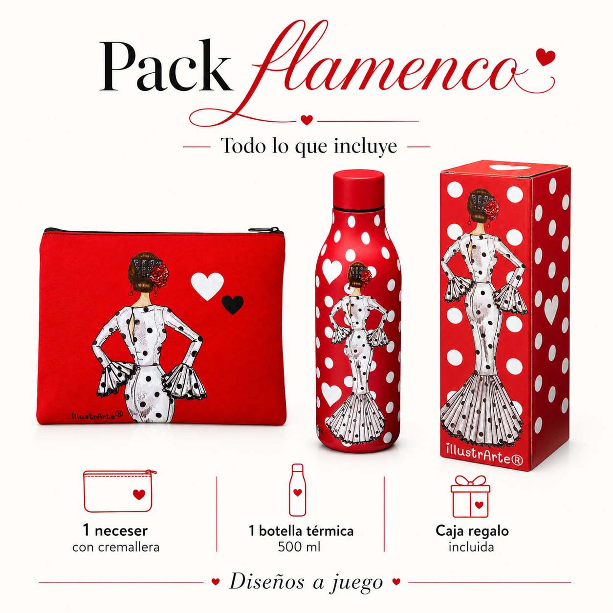 Pack botella + neceser Granada María Blanco fondo rojo – vista 2