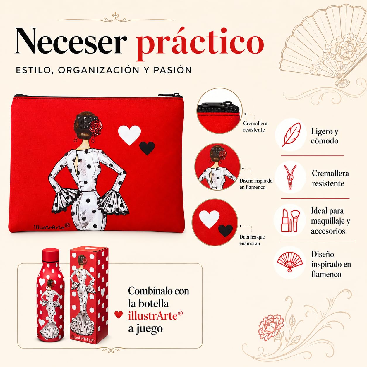 Pack botella + neceser Granada María Blanco fondo rojo – vista 3