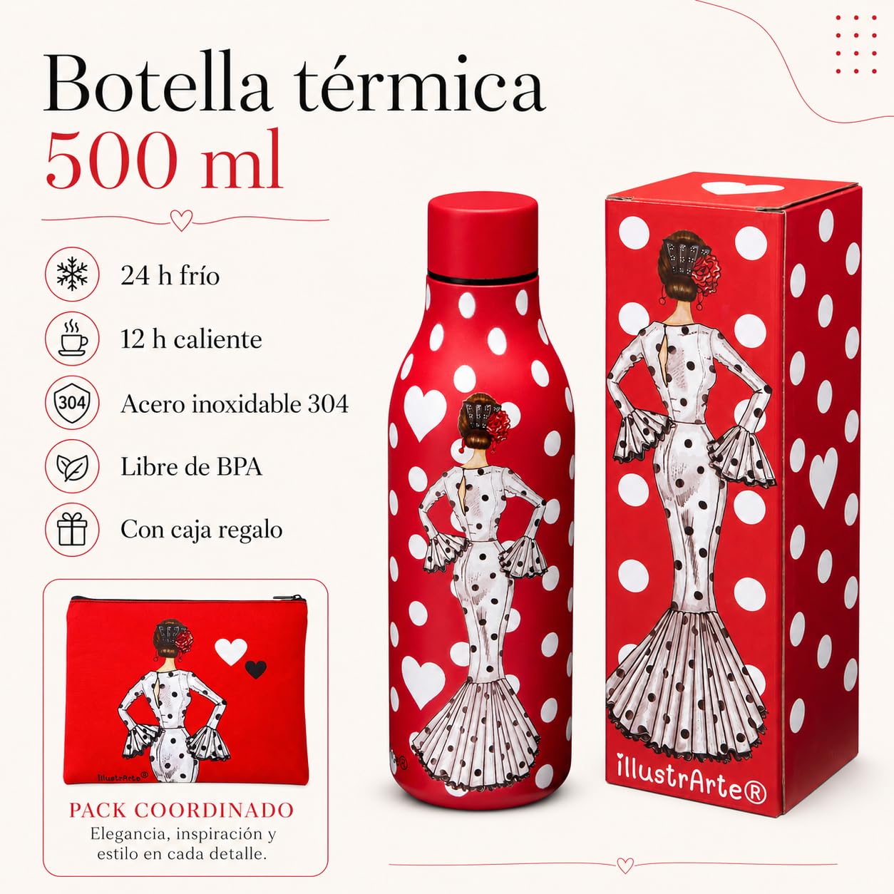 Pack botella + neceser Granada María Blanco fondo rojo – vista 4