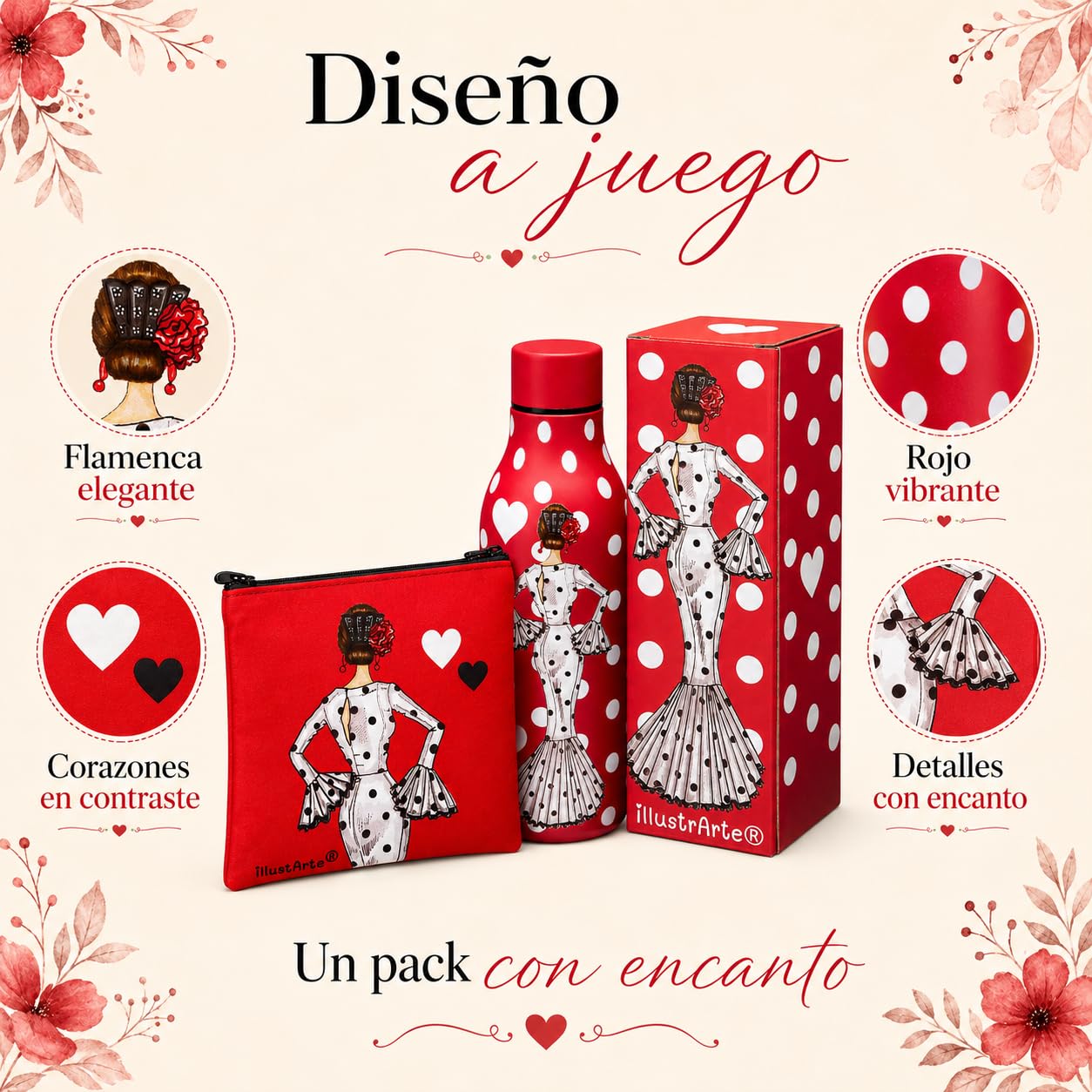 Pack botella + neceser Granada María Blanco fondo rojo – vista 5