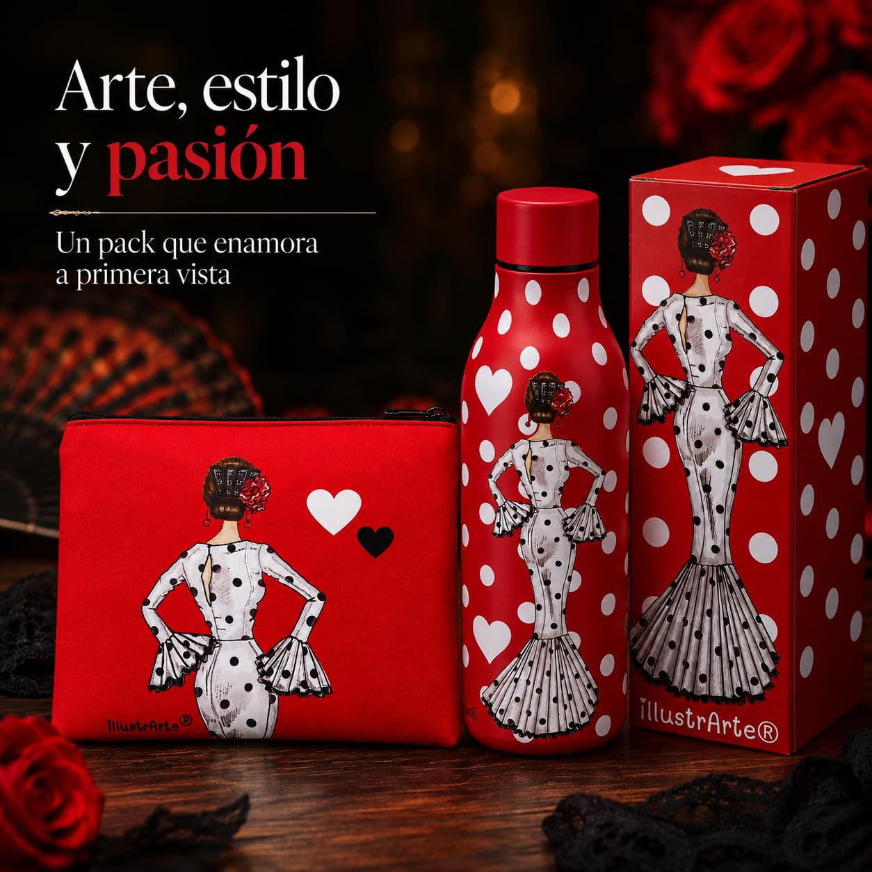 Pack botella + neceser Granada María Blanco fondo rojo – vista 9