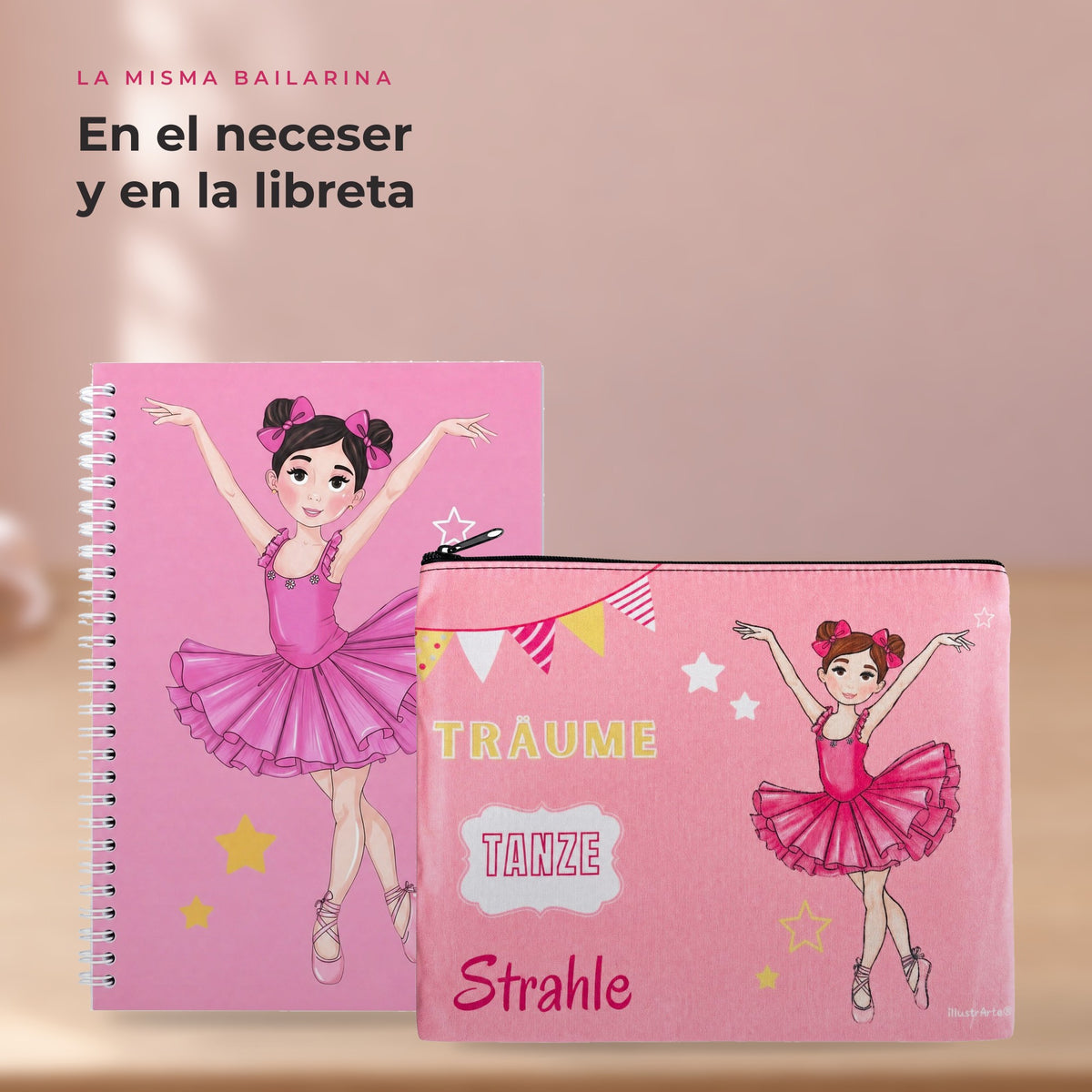 Pack Neceser Granada + Libreta Bailarina – diseño Marina (Träume, Tanze, Strahle) – detalle