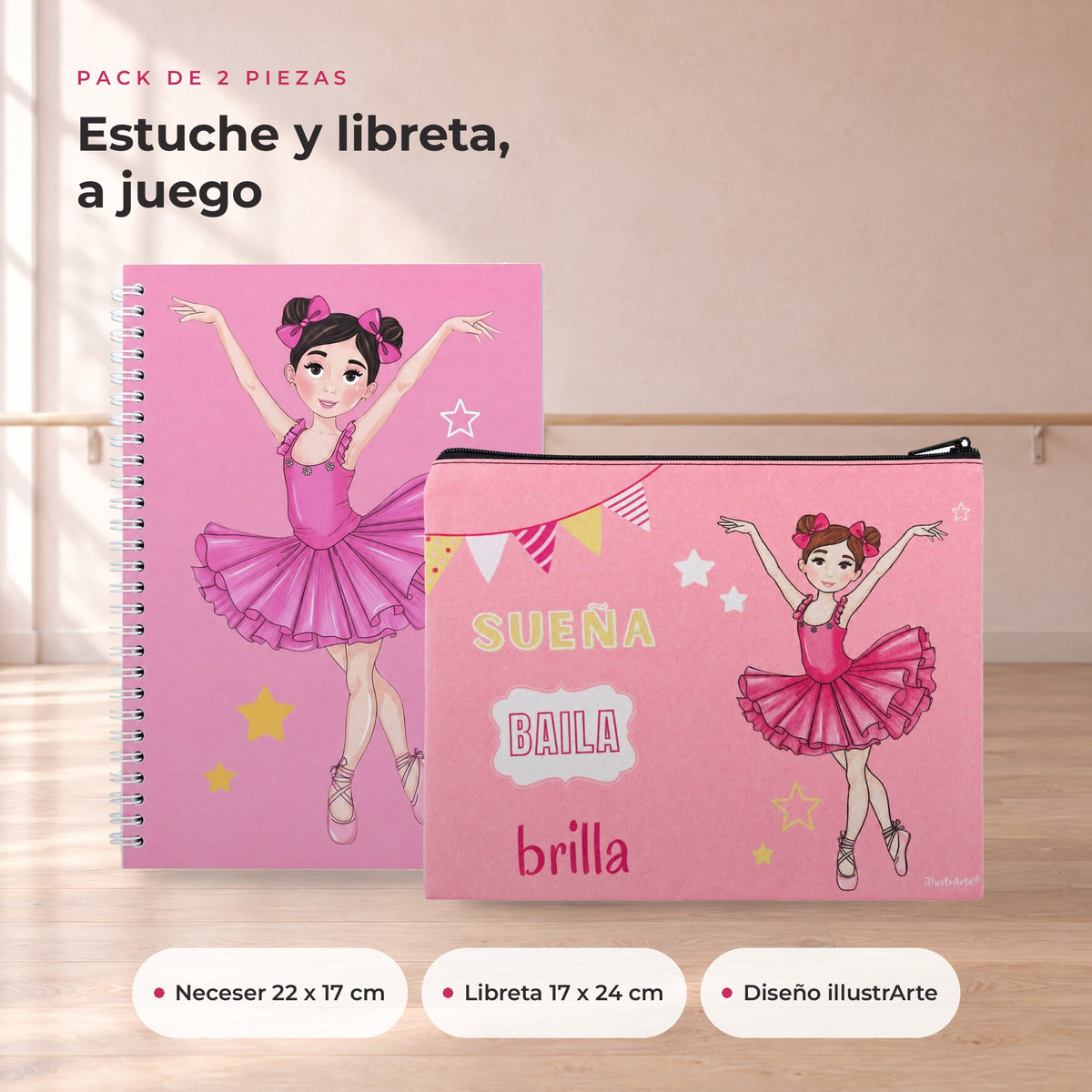 Pack Neceser Granada + Libreta Bailarina – diseño Marina (Sueña, Baila, Brilla) – qué incluye