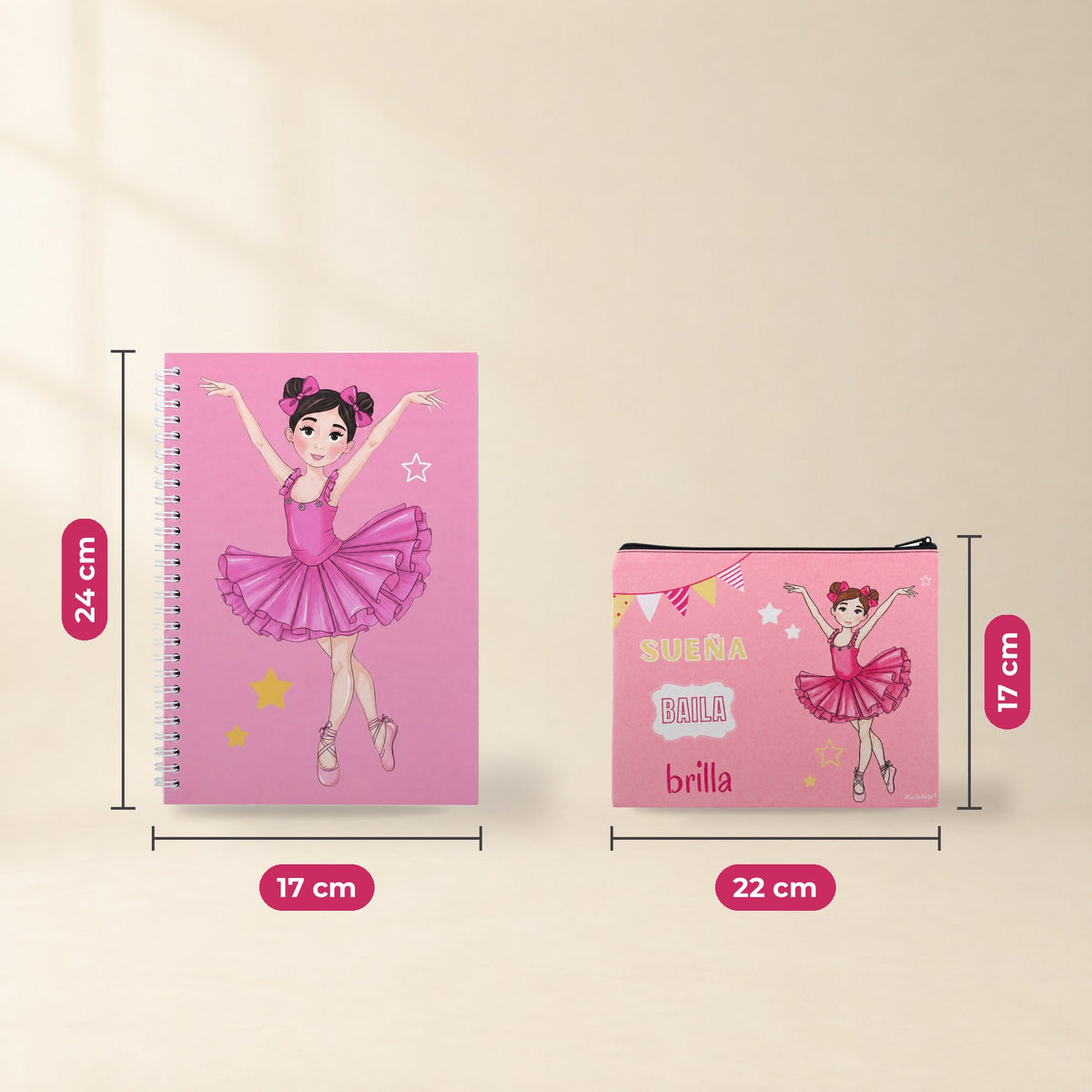 Pack Neceser Granada + Libreta Bailarina – diseño Marina (Sueña, Baila, Brilla) – medidas