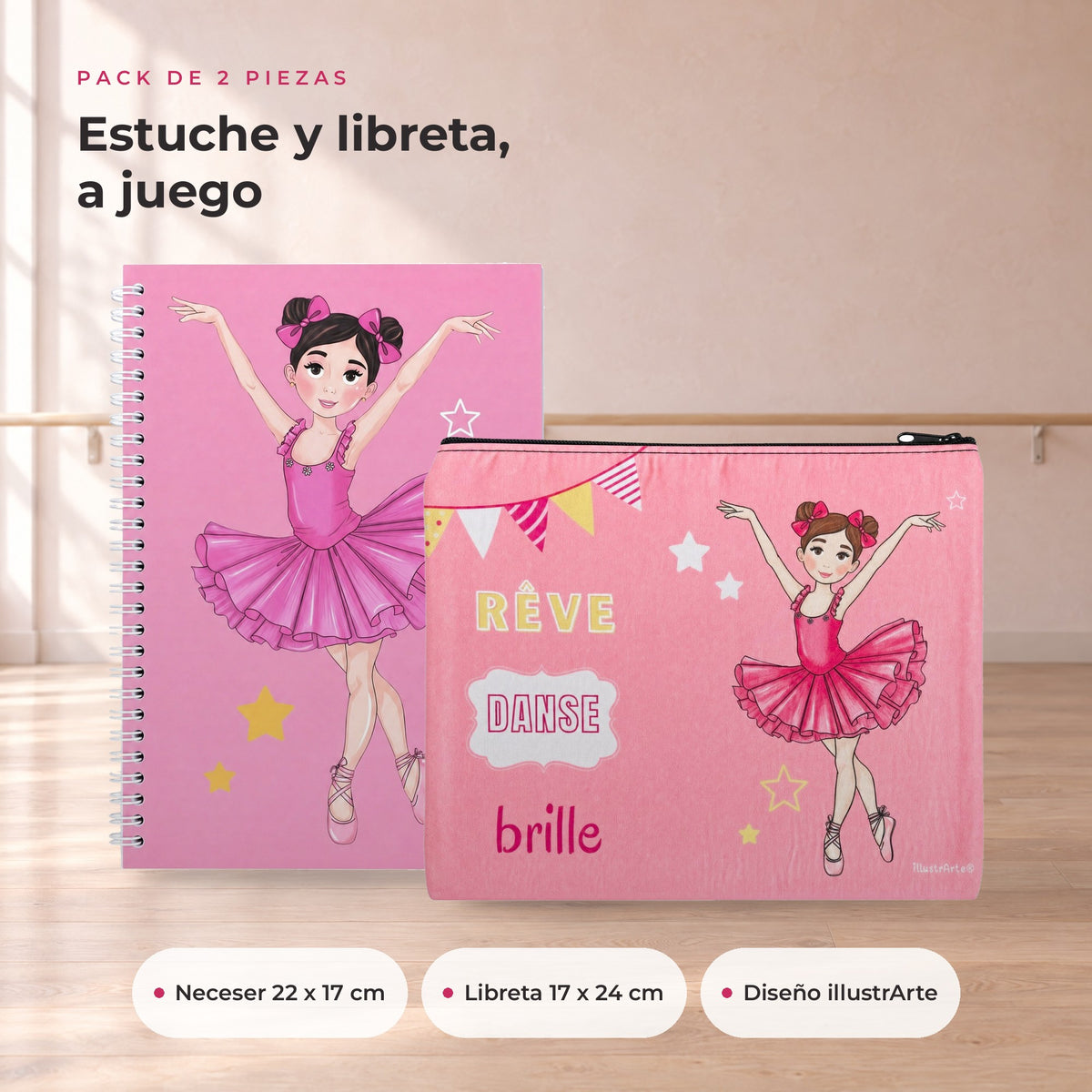 Pack Neceser Granada + Libreta Bailarina – diseño Marina (Rêve, Danse, Brille) – qué incluye