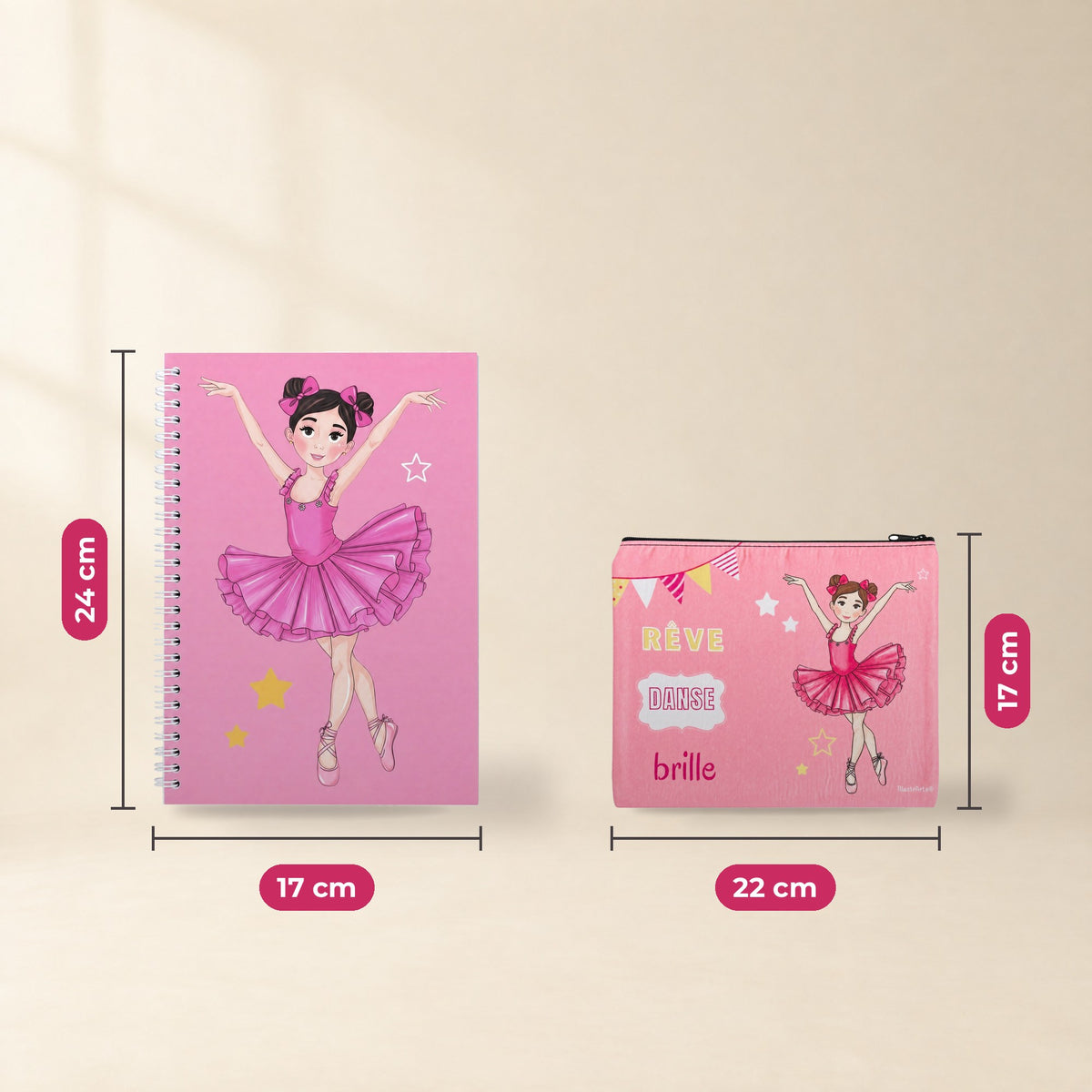 Pack Neceser Granada + Libreta Bailarina – diseño Marina (Rêve, Danse, Brille) – medidas