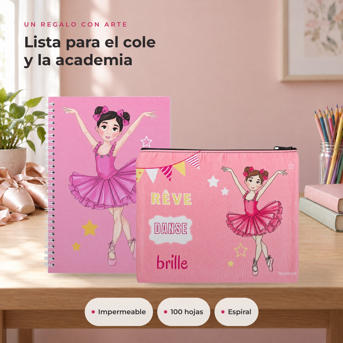 Pack Neceser Granada + Libreta Bailarina – diseño Marina (Rêve, Danse, Brille) – ambiente