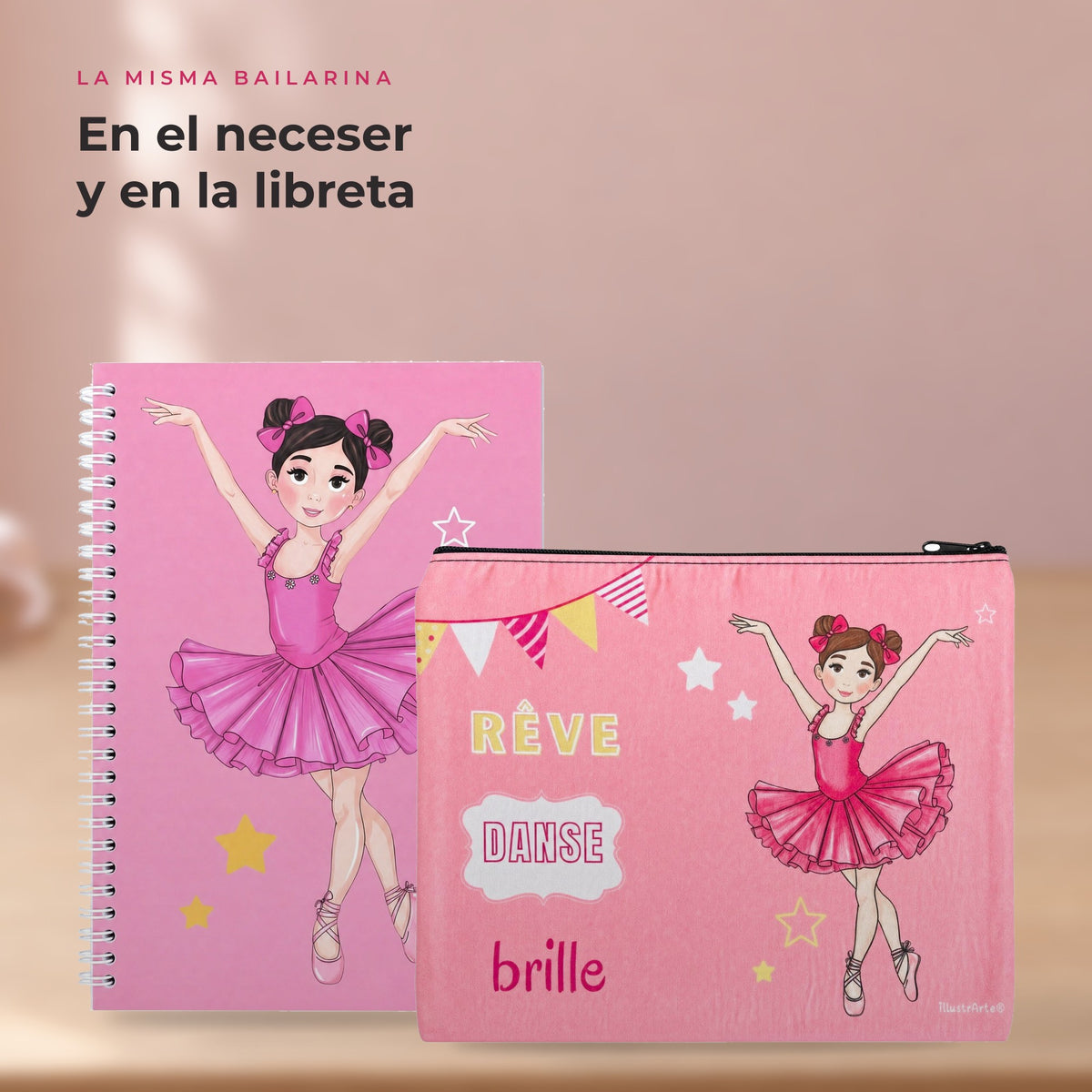 Pack Neceser Granada + Libreta Bailarina – diseño Marina (Rêve, Danse, Brille) – detalle