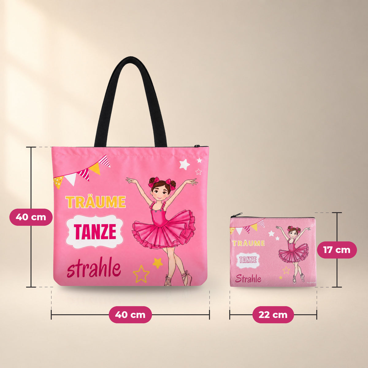 Medidas Marina Träume: bolsa de ballet 40 x 40 cm y neceser Granada 22 x 17 cm