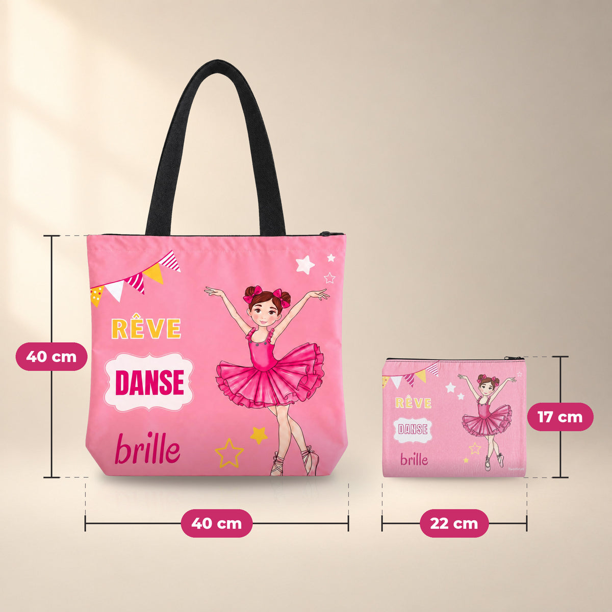 Medidas Marina Rêve: bolsa de ballet 40 x 40 cm y neceser Granada 22 x 17 cm