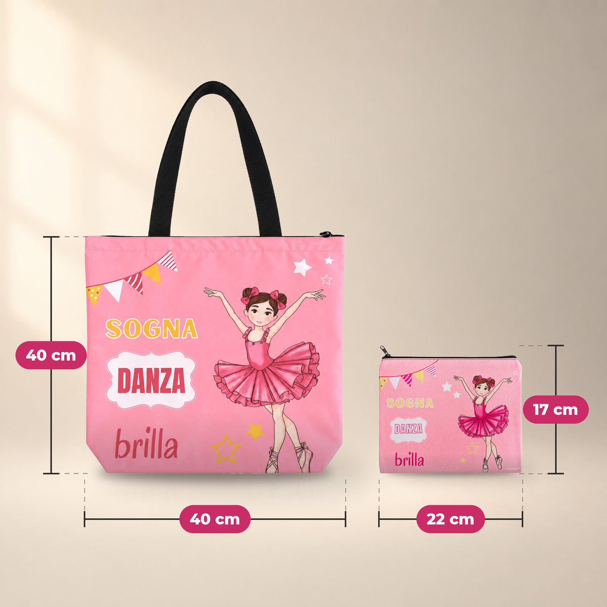 Medidas Marina Sogna: bolsa de ballet 40 x 40 cm y neceser Granada 22 x 17 cm