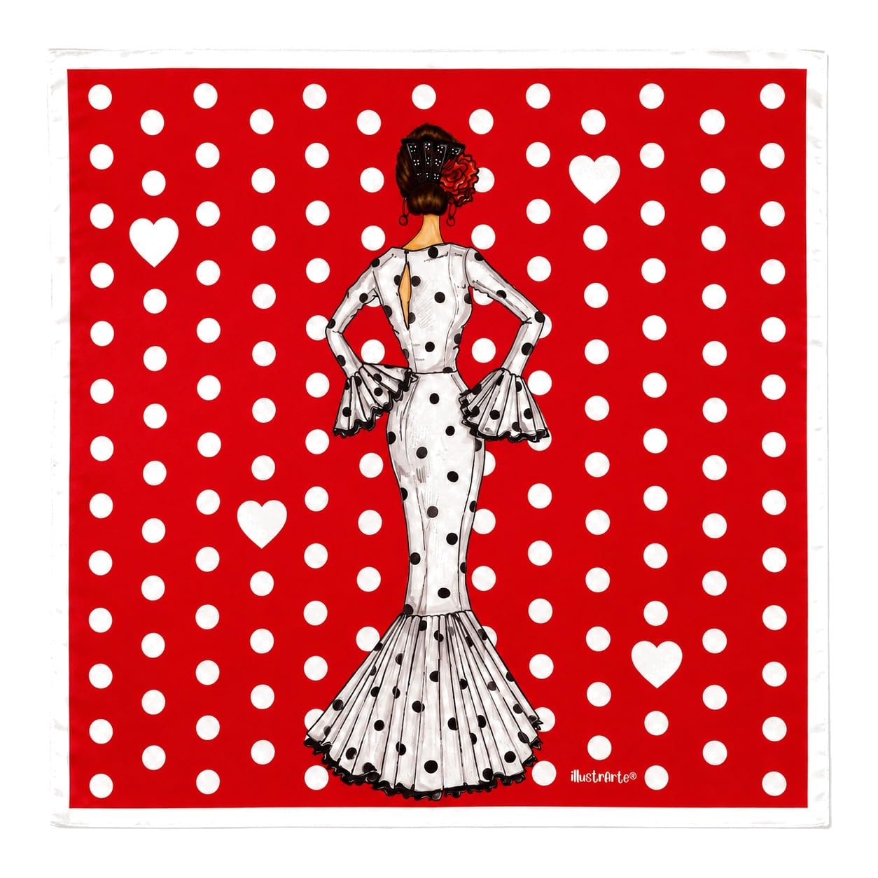 Pañuelo de seda illustrArte 66 x 66 cm – diseño María Blanco, fondo rojo
