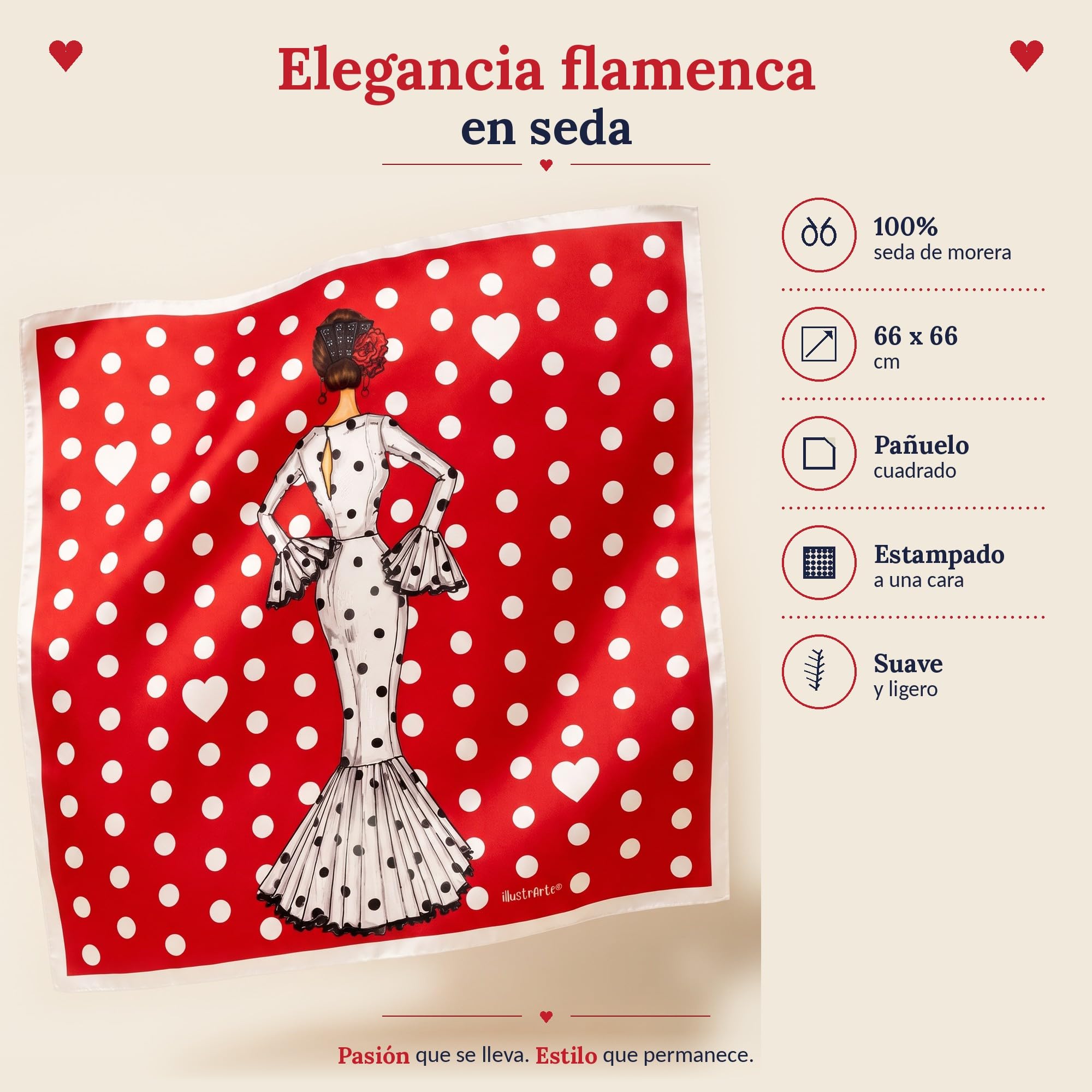 Pañuelo de seda illustrArte – María Blanco, fondo rojo – vista 2