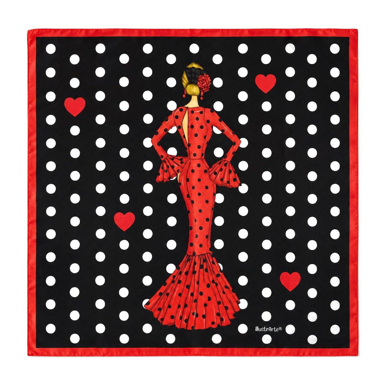 Pañuelo de seda illustrArte 66 x 66 cm – diseño María Rojo, fondo negro