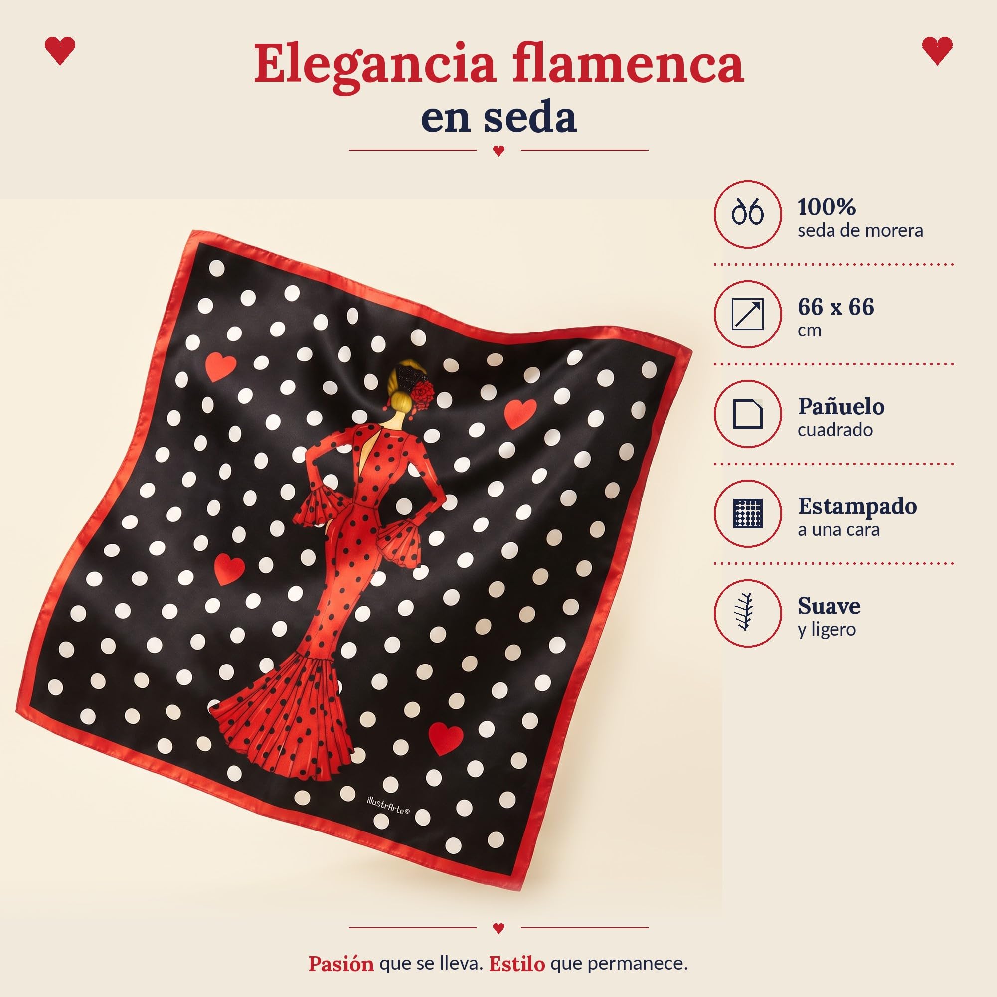 Pañuelo de seda illustrArte – María Rojo, fondo negro – vista 3