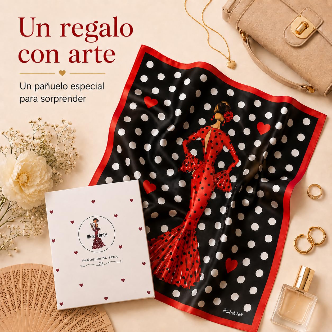 Pañuelo de seda illustrArte – María Rojo, fondo negro – vista 9