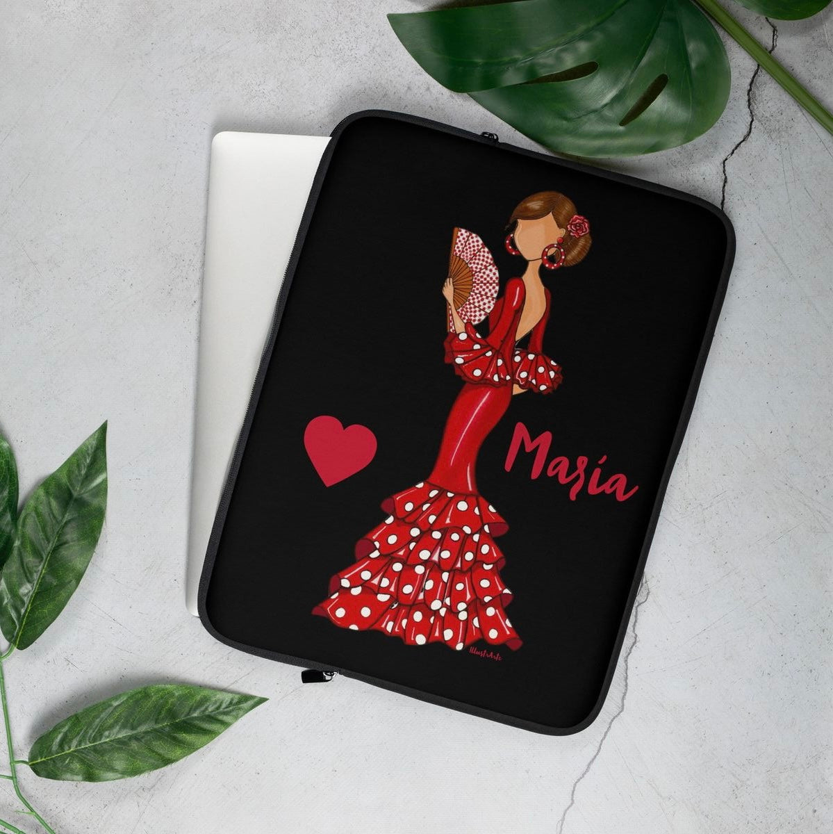 Flamenco Dancer Customizable Laptop Sleeve, red dress and red hearts with white polka dot design. - IllustrArte