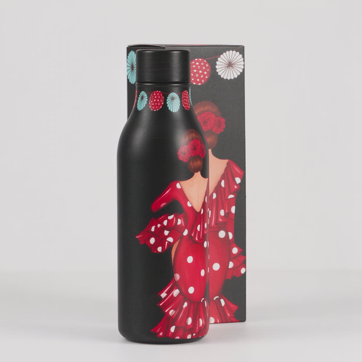 Botella térmica flamenca illustrArte 500 ml – diseño Macarena – vídeo de la botella y su caja de regalo