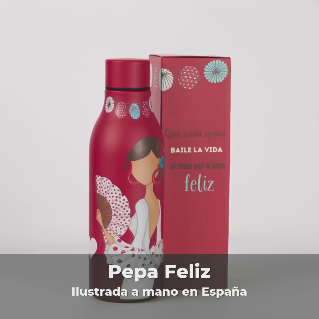 Botella térmica flamenca illustrArte 500 ml – diseño Pepa Feliz – vídeo: las dos caras, temperatura, medidas y caja de regalo