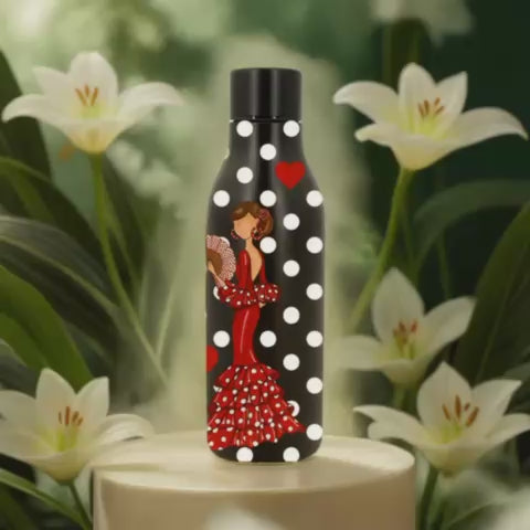 Pack Regalo Flamenca Pepa – Botella Térmica Negra con Vestido Rojo y Abanico + Bolsa Cádiz de Algodón “Pepa Feliz”