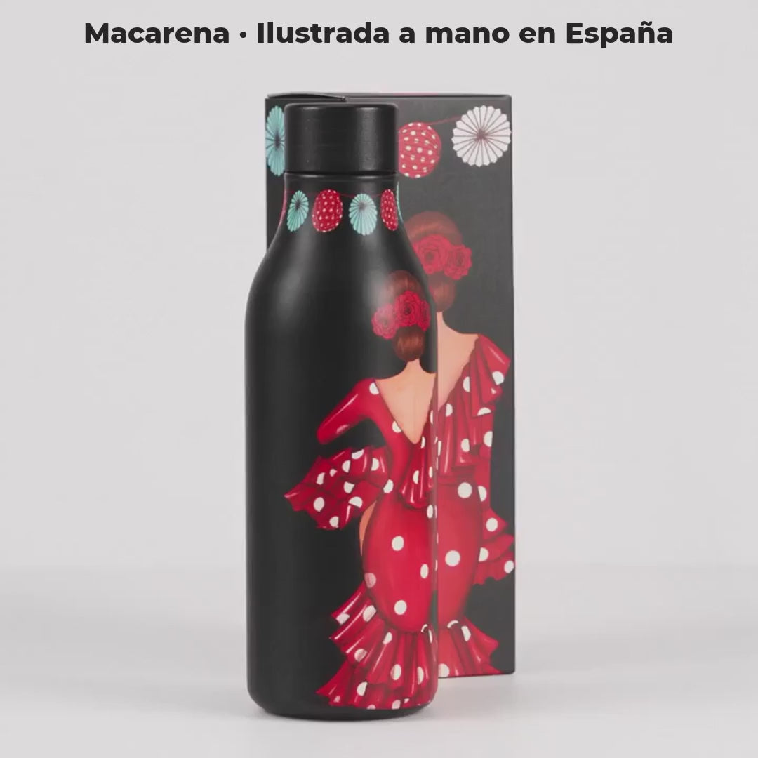 Botella térmica flamenca illustrArte 500 ml – diseño Macarena – vídeo: las dos caras, temperatura, medidas y caja de regalo