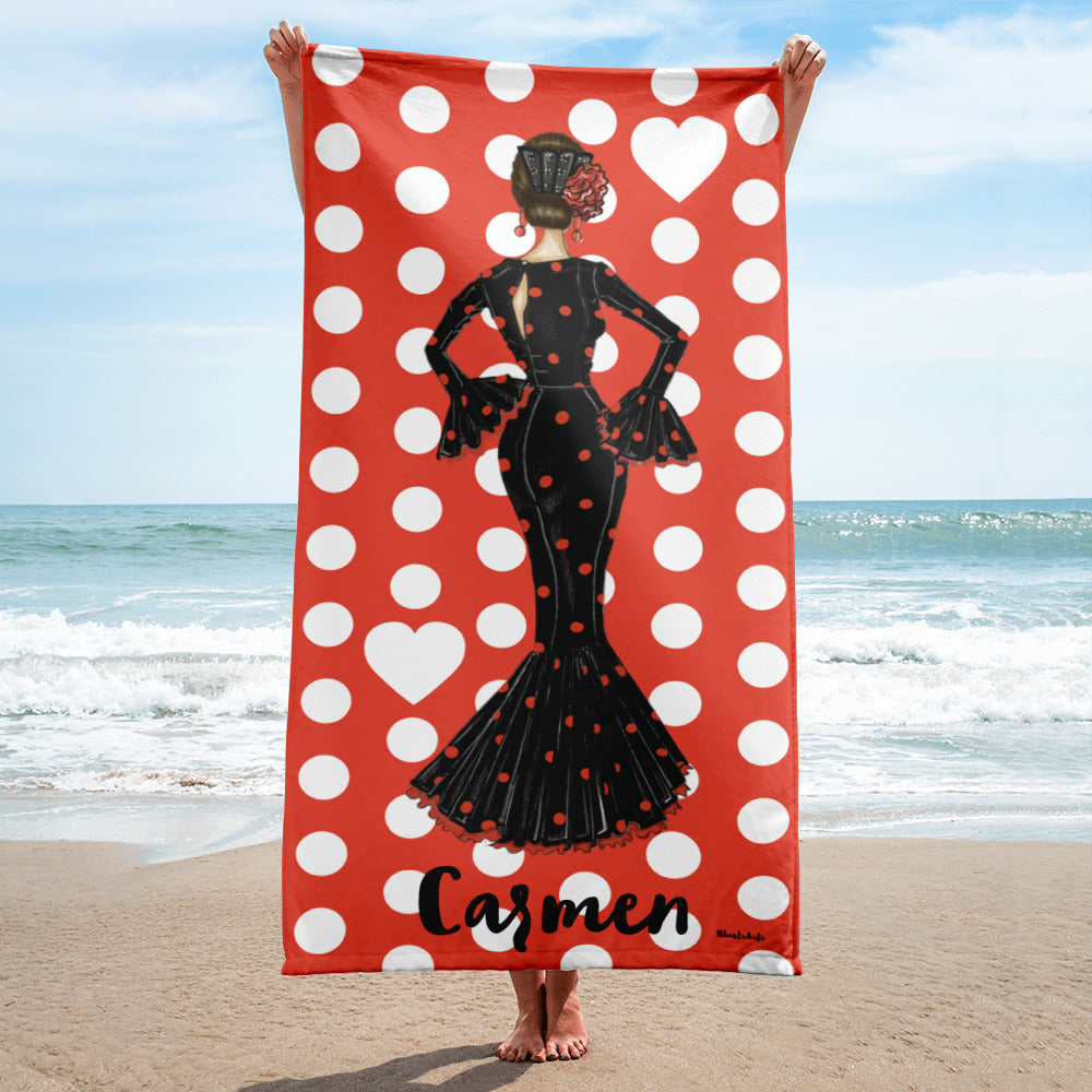 Flamenco Dancer Customizable Beach, Gym, Yoga Towel, black dress on a red background with white polka dots design. - IllustrArte