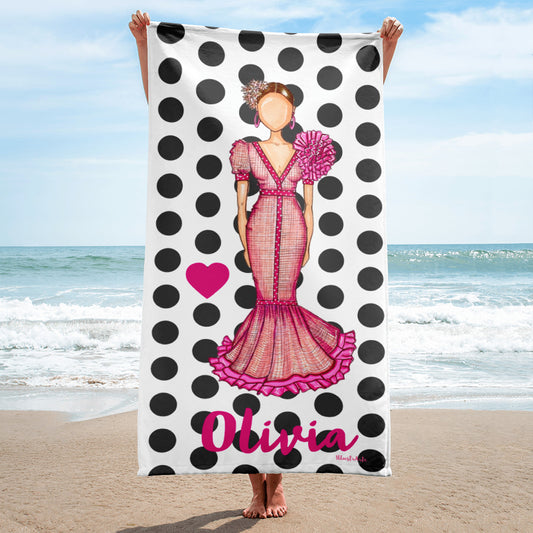 Flamenco Dancer Customizable Beach, Gym, Yoga Towel, pink dress with black polka dots design. - IllustrArte