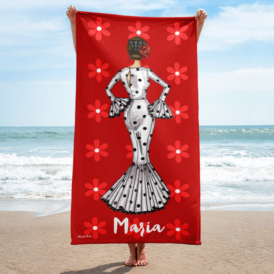 Toalla De Playa Personalizable - Modelo Flamenca María con flores rojas