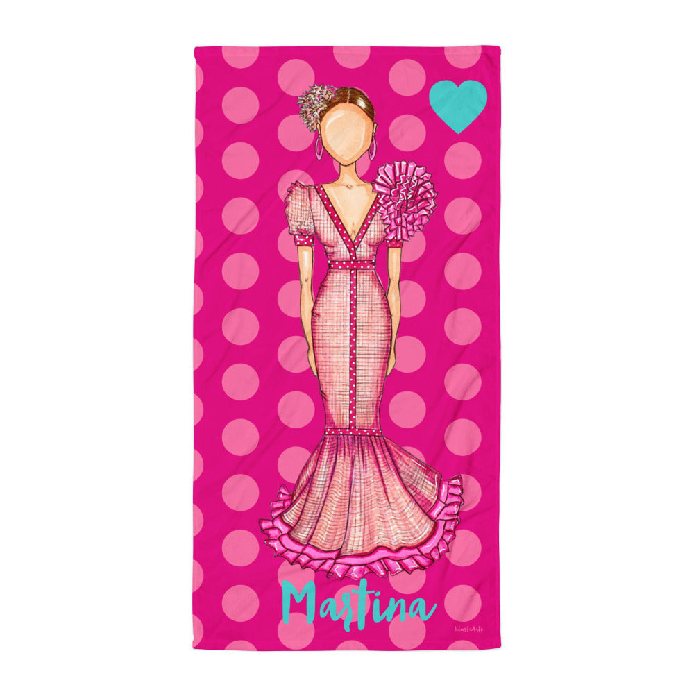 Flamenco Dancer Customizable Beach, Gym, Yoga Towel, pink dress with pink polka dots design. - IllustrArte