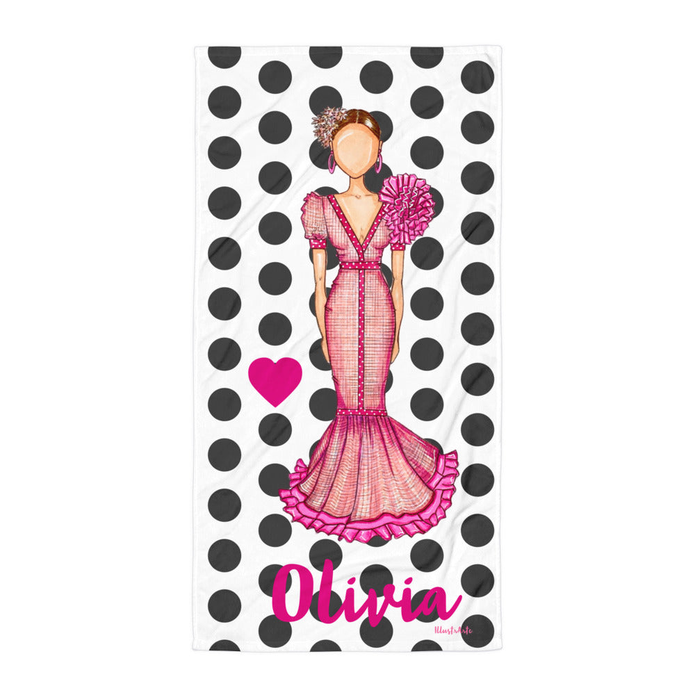 Flamenco Dancer Customizable Beach, Gym, Yoga Towel, pink dress with black polka dots design. - IllustrArte