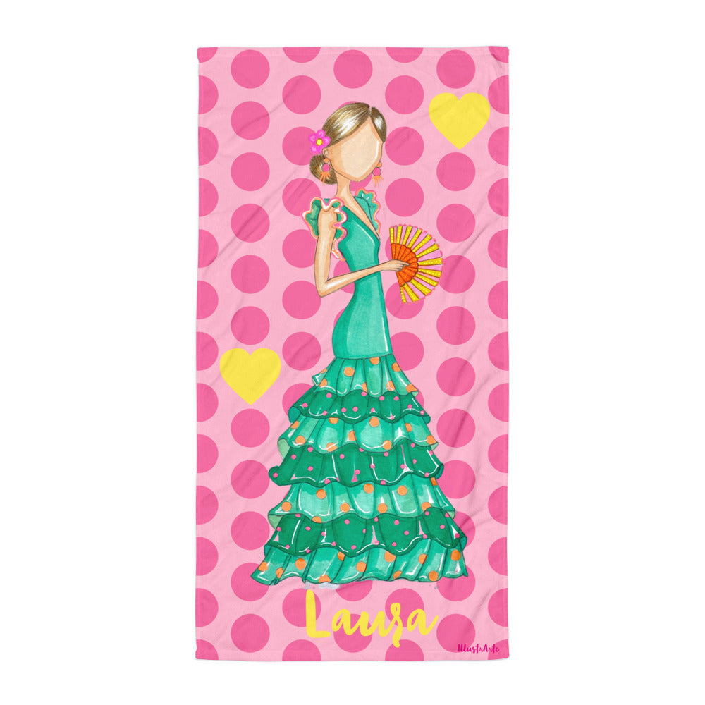 Flamenco Dancer Customizable Beach, Gym, Yoga Towel, green dress with a hand fan design. - IllustrArte