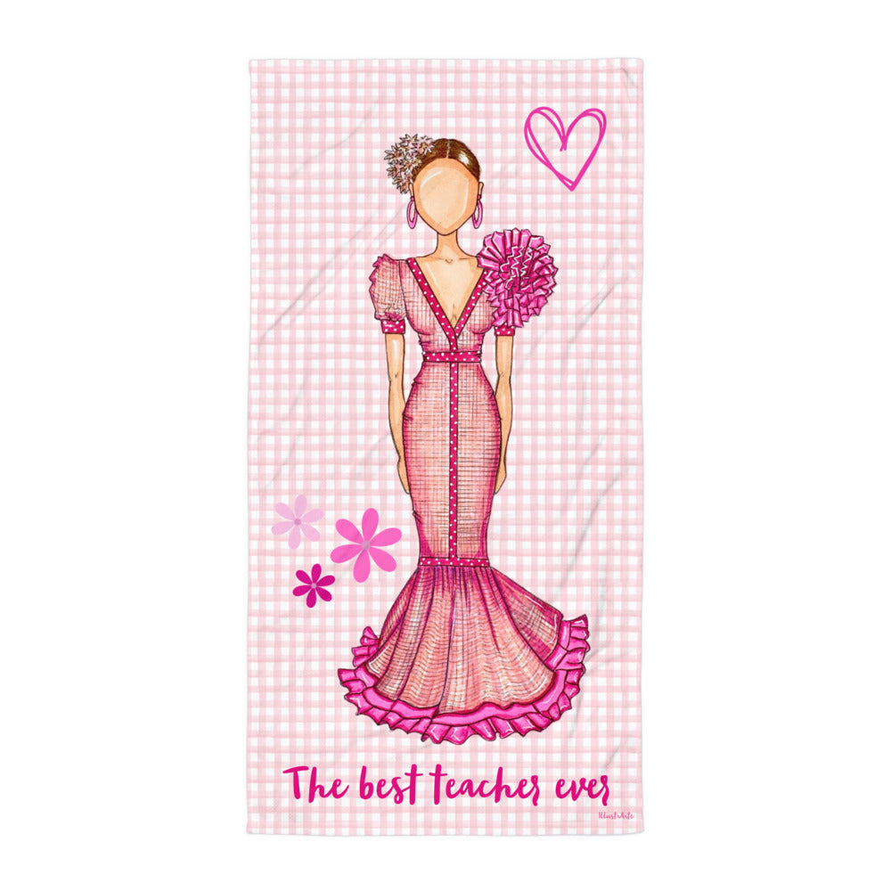 Flamenco Dancer Customizable Beach, Gym, Yoga Towel, pink dress with pink gingham check design. - IllustrArte