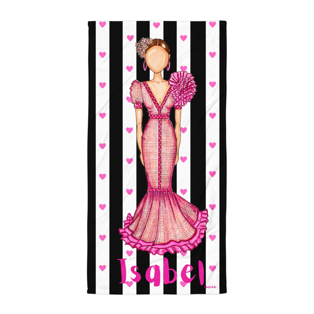 Flamenco Dancer Customizable Beach, Gym, Yoga Towel, pink dress with green gingham check design. - IllustrArte