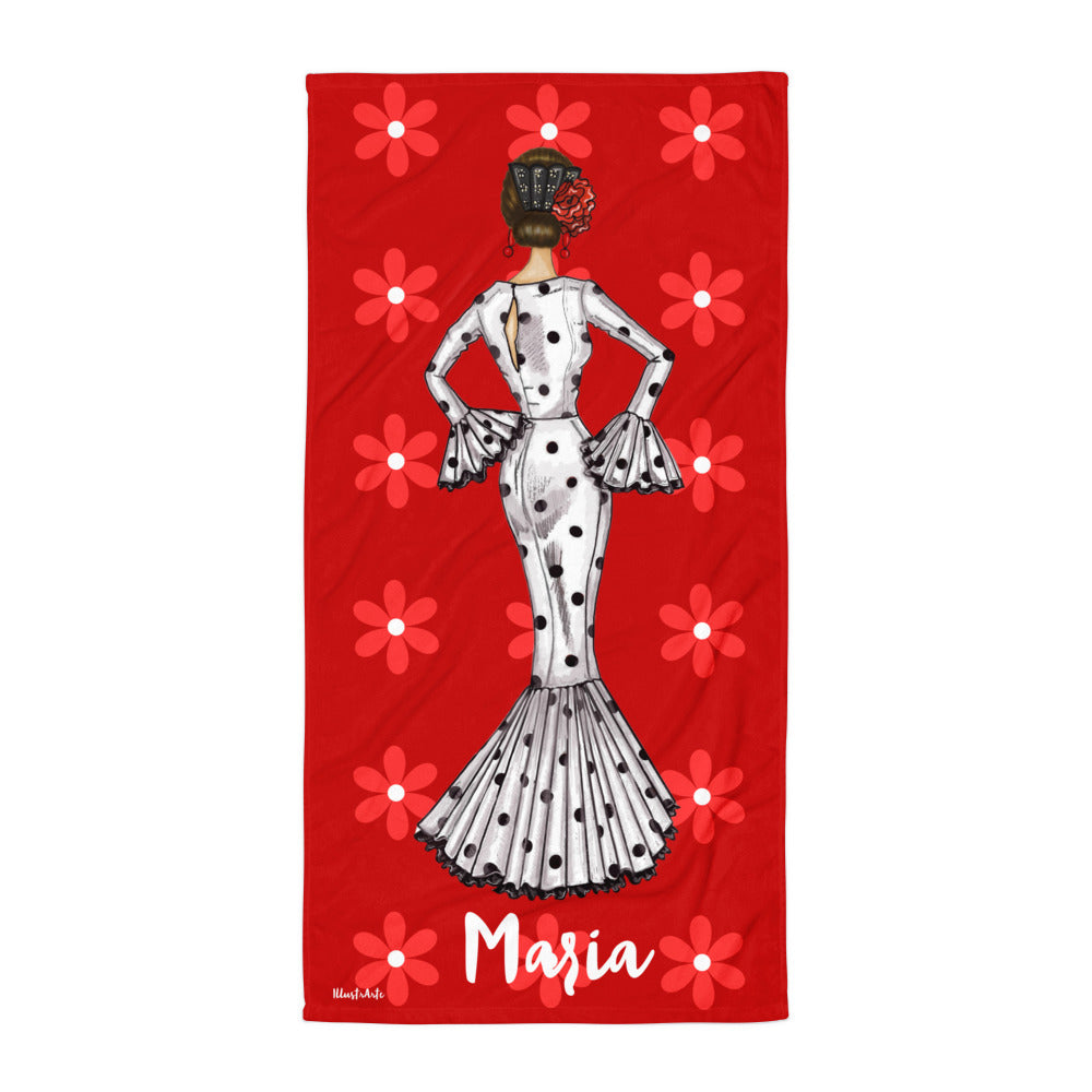 Toalla De Playa Personalizable - Modelo Flamenca María con flores rojas