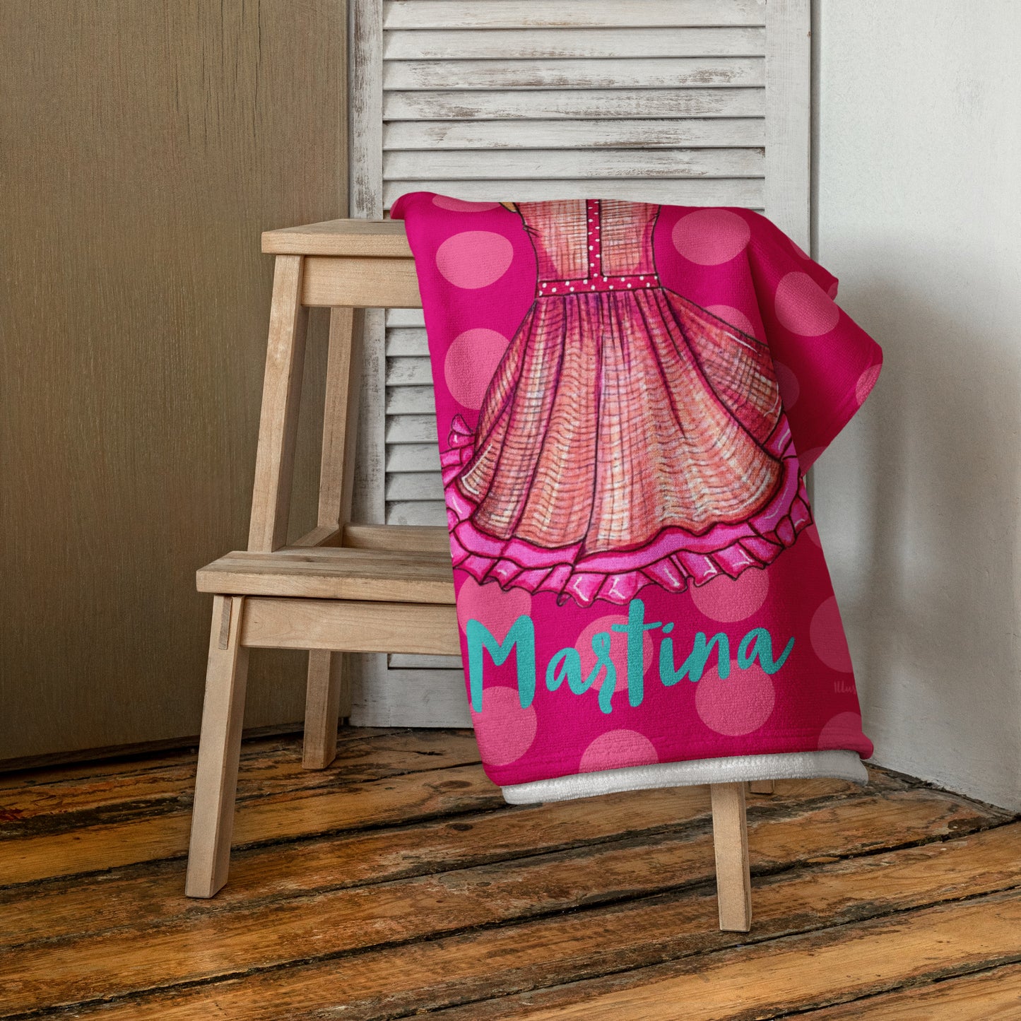 Flamenco Dancer Customizable Beach, Gym, Yoga Towel, pink dress with pink polka dots design. - IllustrArte