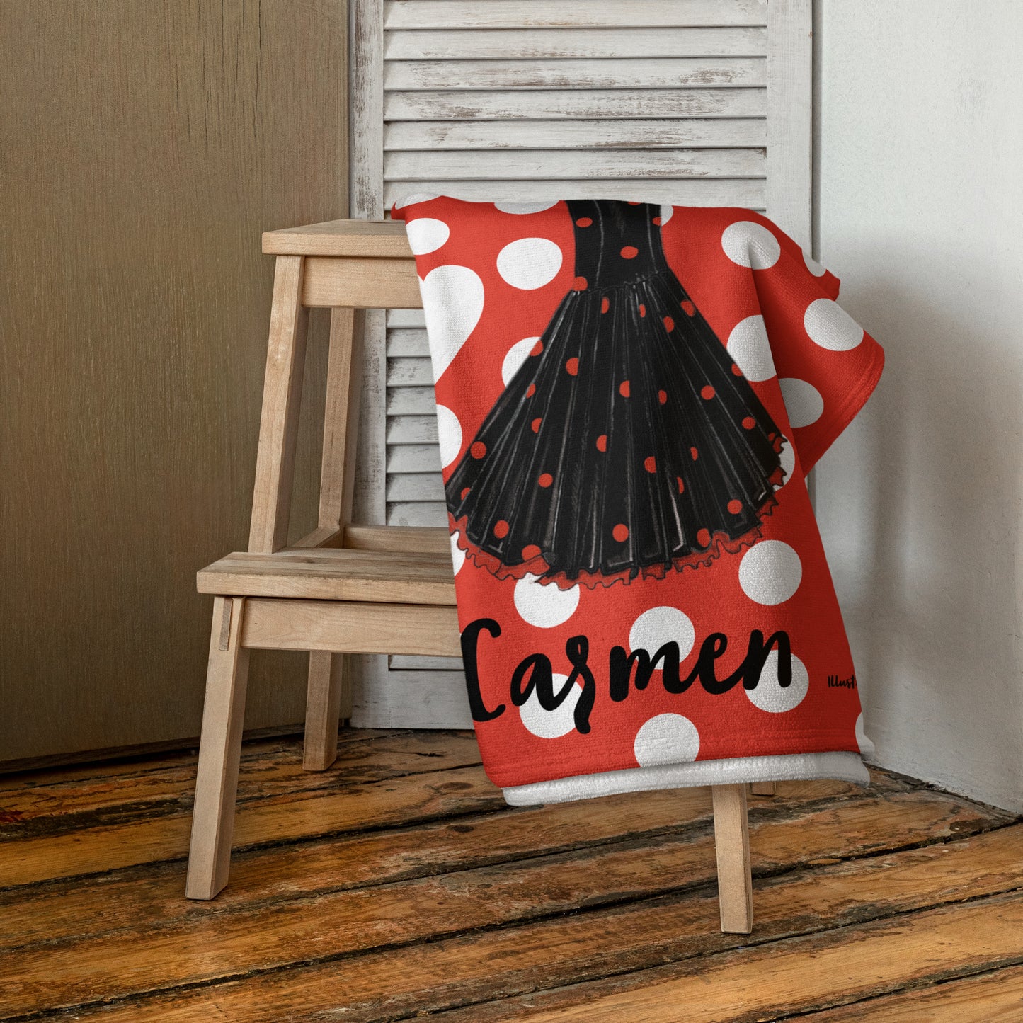 Flamenco Dancer Customizable Beach, Gym, Yoga Towel, black dress on a red background with white polka dots design. - IllustrArte