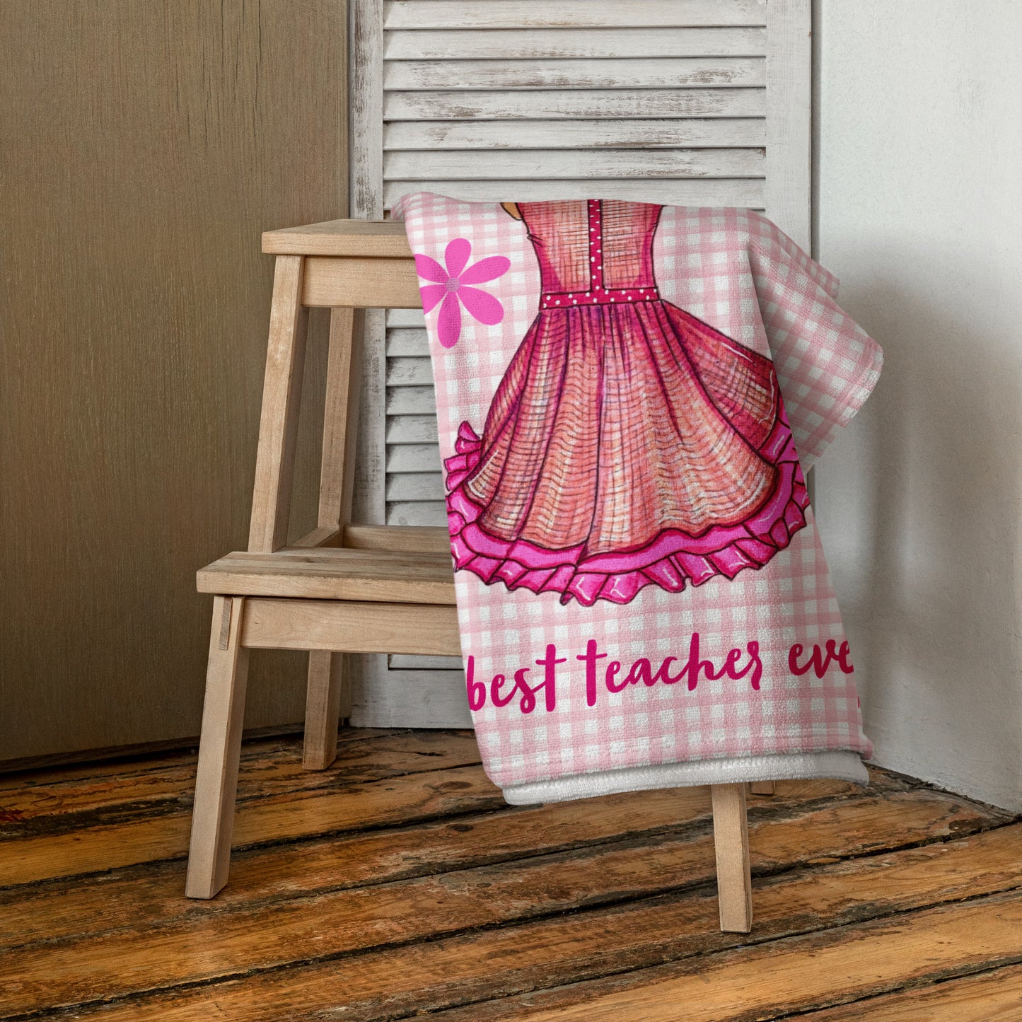 Flamenco Dancer Customizable Beach, Gym, Yoga Towel, pink dress with pink gingham check design. - IllustrArte