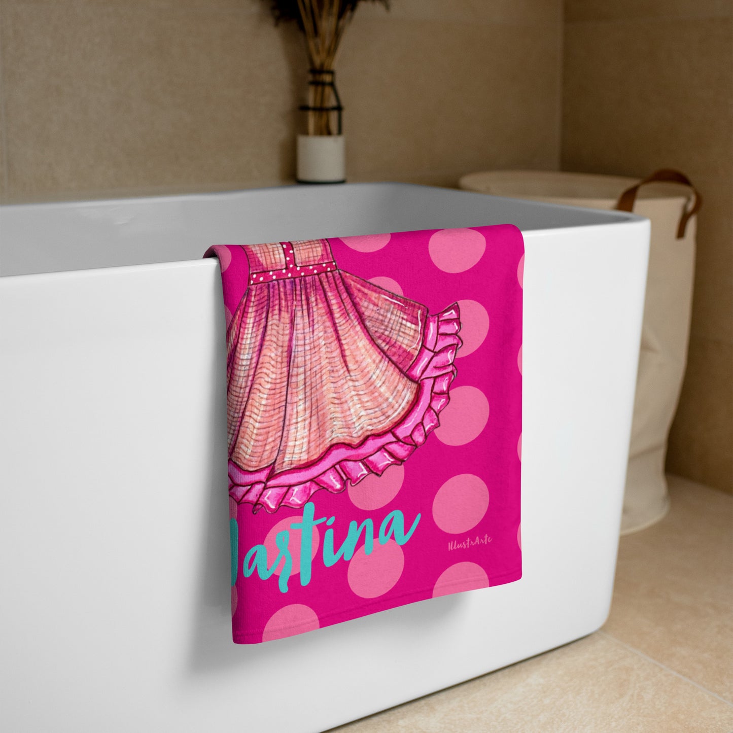 Flamenco Dancer Customizable Beach, Gym, Yoga Towel, pink dress with pink polka dots design. - IllustrArte