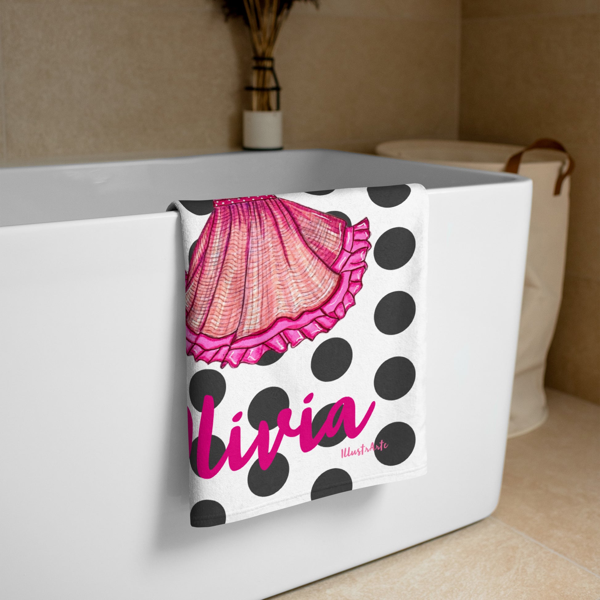 Flamenco Dancer Customizable Beach, Gym, Yoga Towel, pink dress with black polka dots design. - IllustrArte