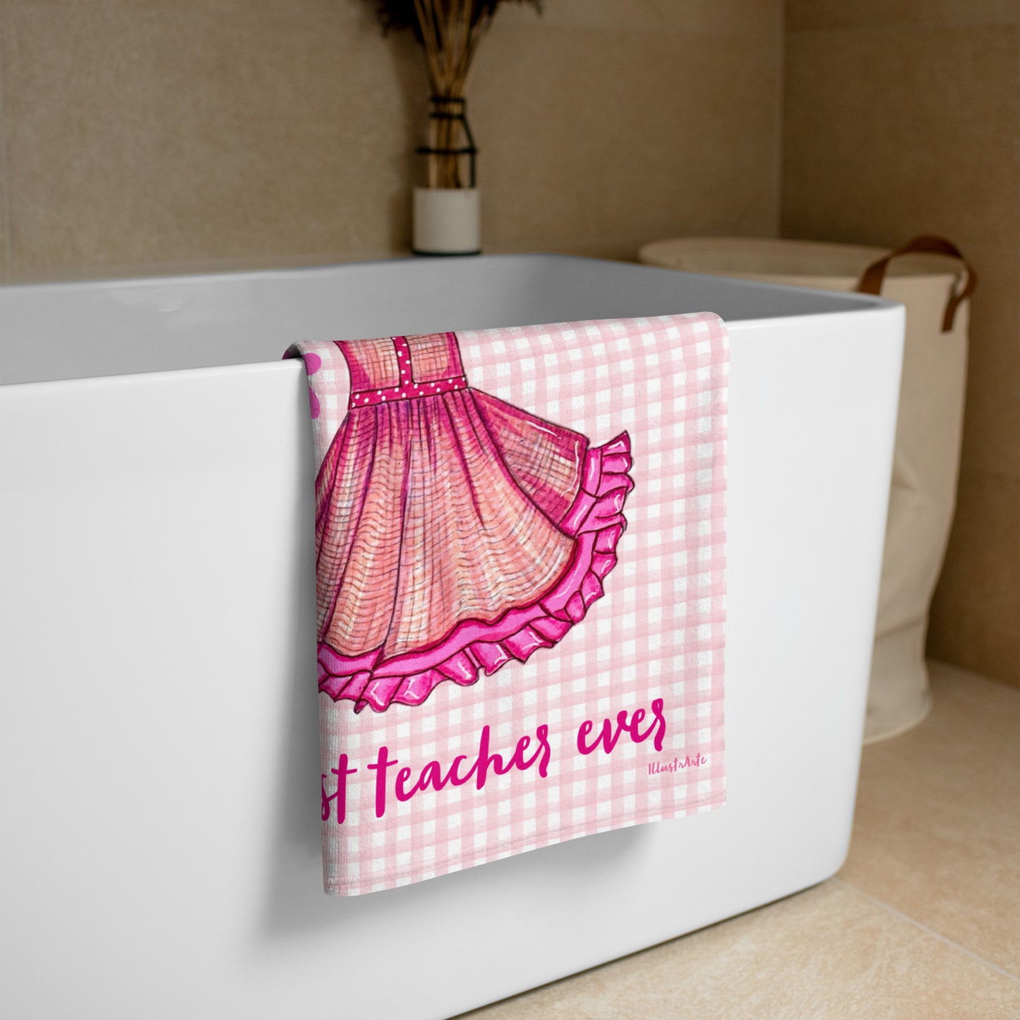 Flamenco Dancer Customizable Beach, Gym, Yoga Towel, pink dress with pink gingham check design. - IllustrArte