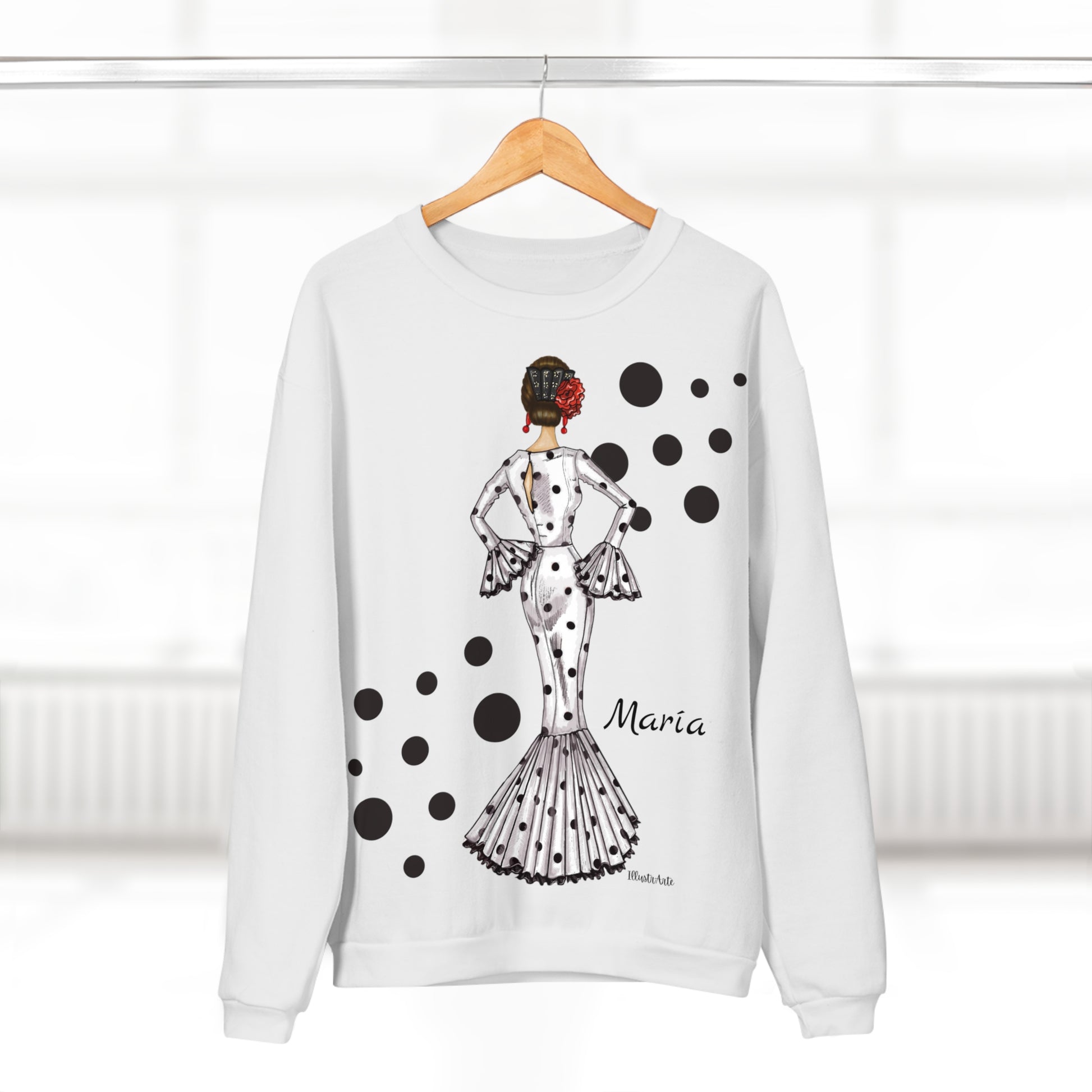 a white sweater with a woman's image on it