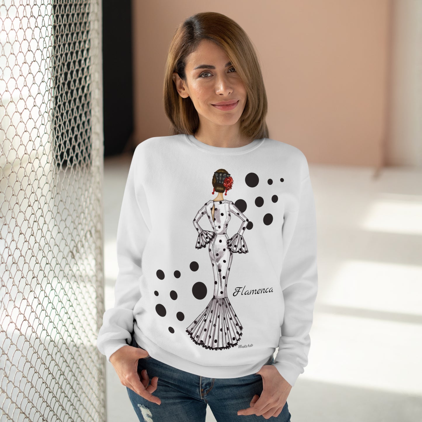 a woman wearing a sweater with a picture of a woman on it