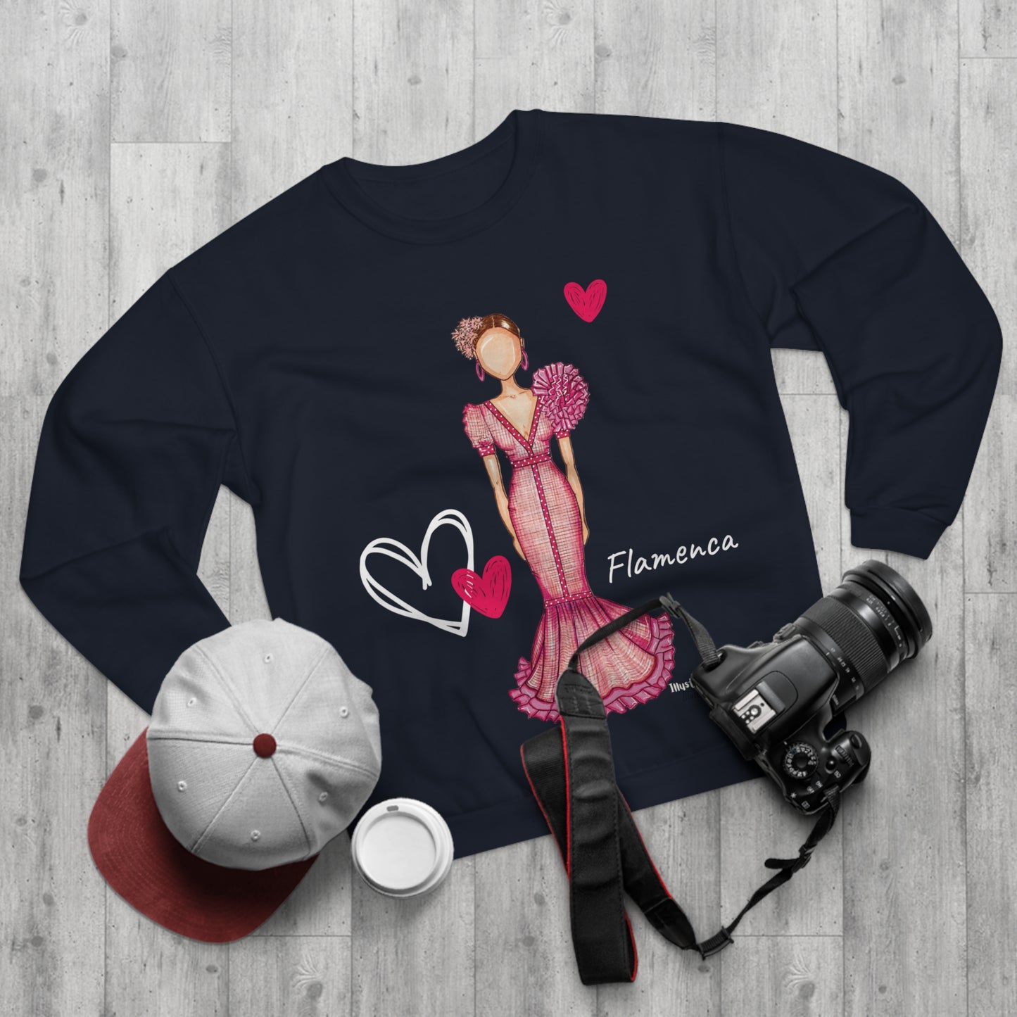 Flamenco lovers customizable black Crewneck Sweatshirt, beautiful flamenco dancer in a pink dress with hearts. - IllustrArte